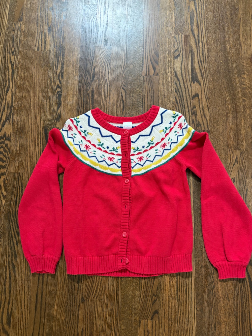 Hanna Andersson Red Cardigan with Multicolor Nordic Yoke
